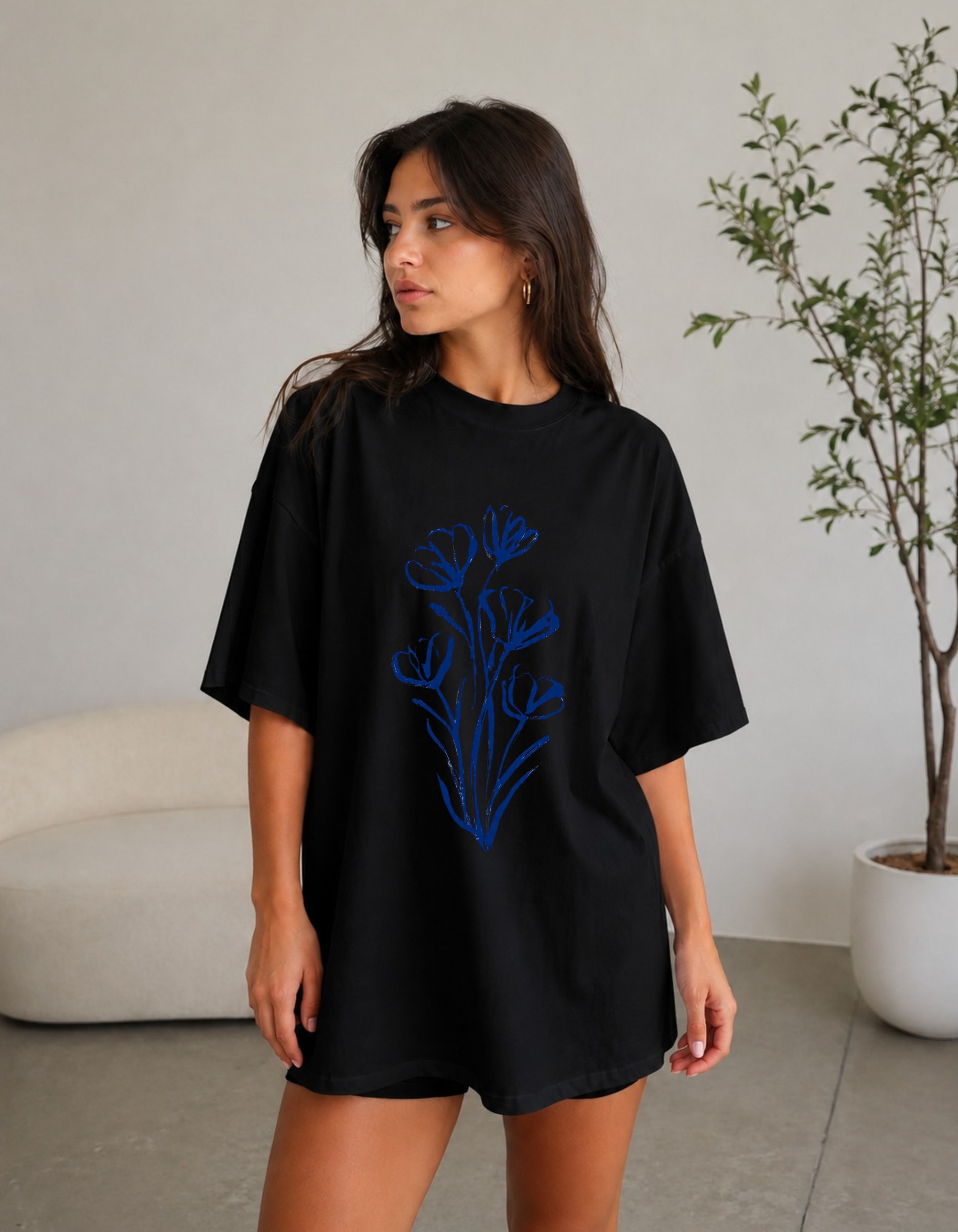 Minimal Floral Oversized Graphic T-Shirt for Women