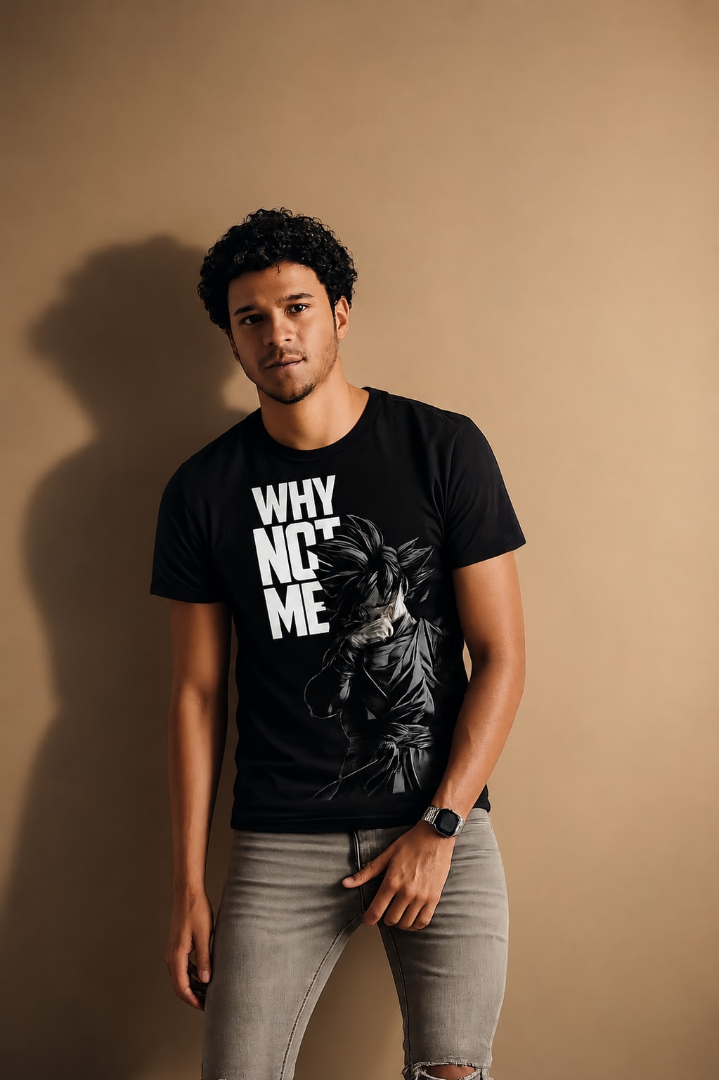 Men's "WHY NOT ME" Anime Graphic T-Shirt – Black alternate