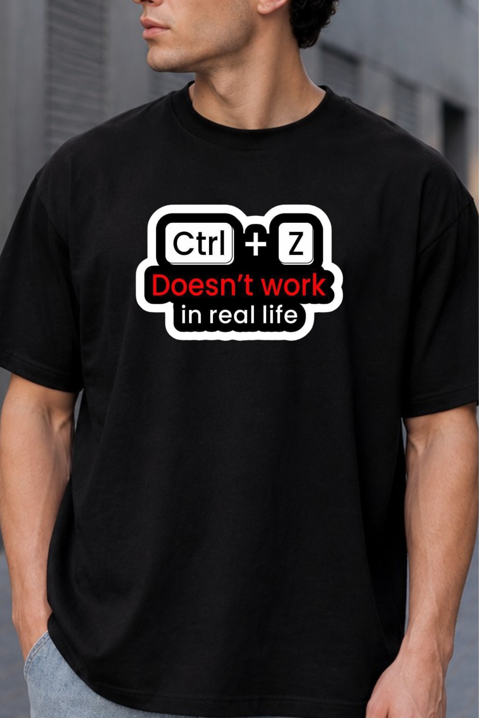 Ctrl + Z Doesn't Work in Real Life Oversized Graphic T-Shirt for Men thumbnail 3