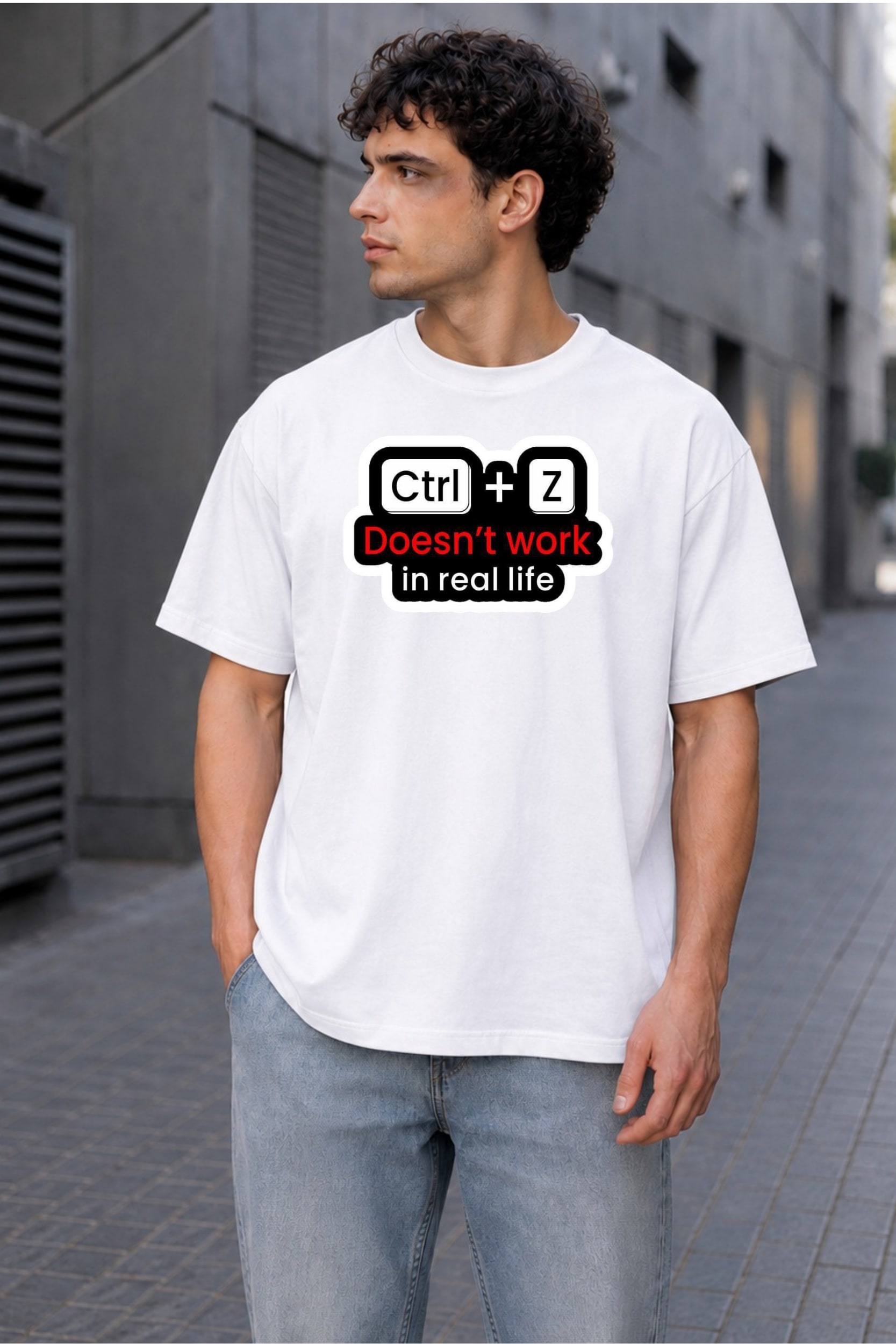 Ctrl + Z Doesn't Work in Real Life Oversized Graphic T-Shirt for Men thumbnail 4