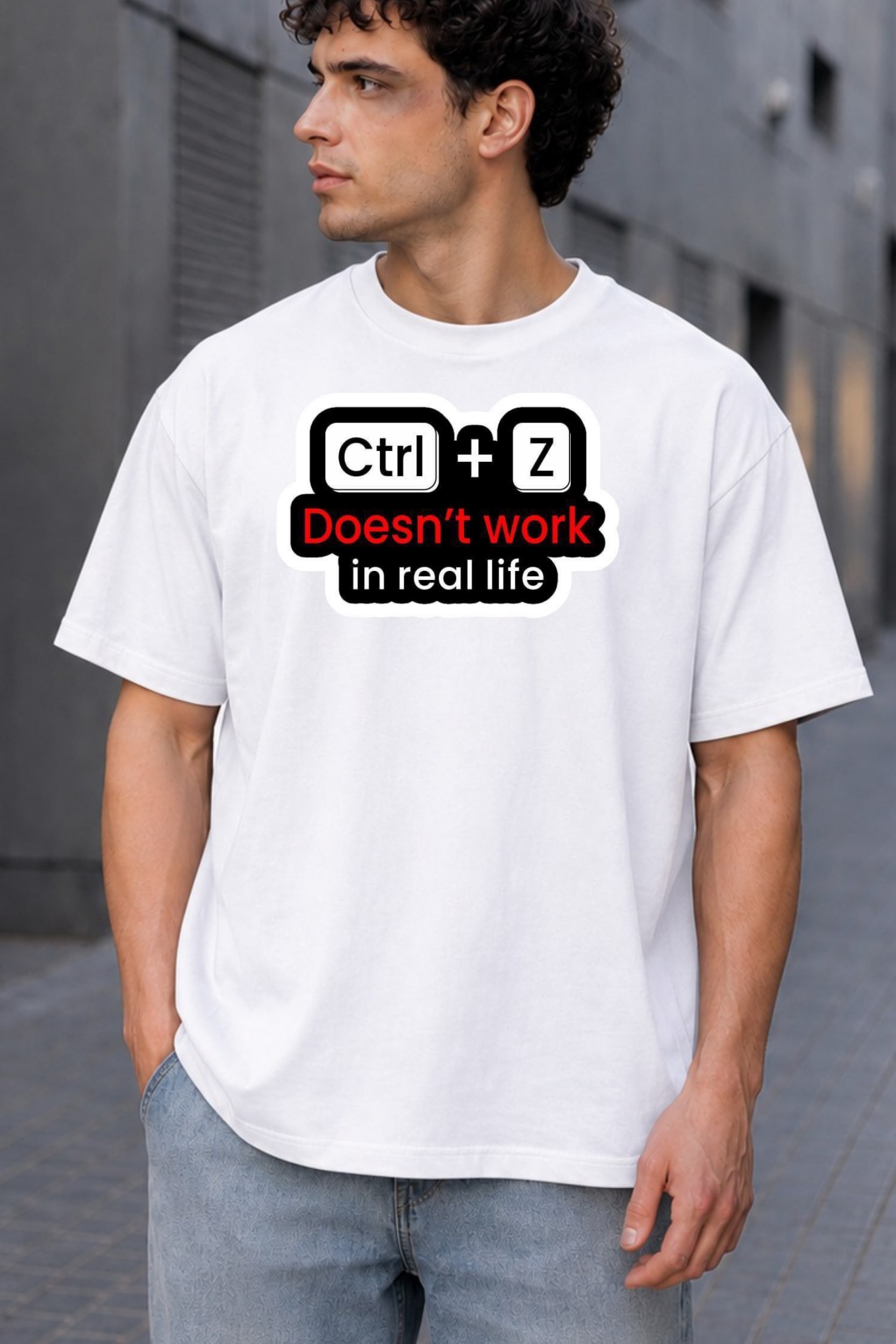 Ctrl + Z Doesn't Work in Real Life Oversized Graphic T-Shirt for Men thumbnail 5
