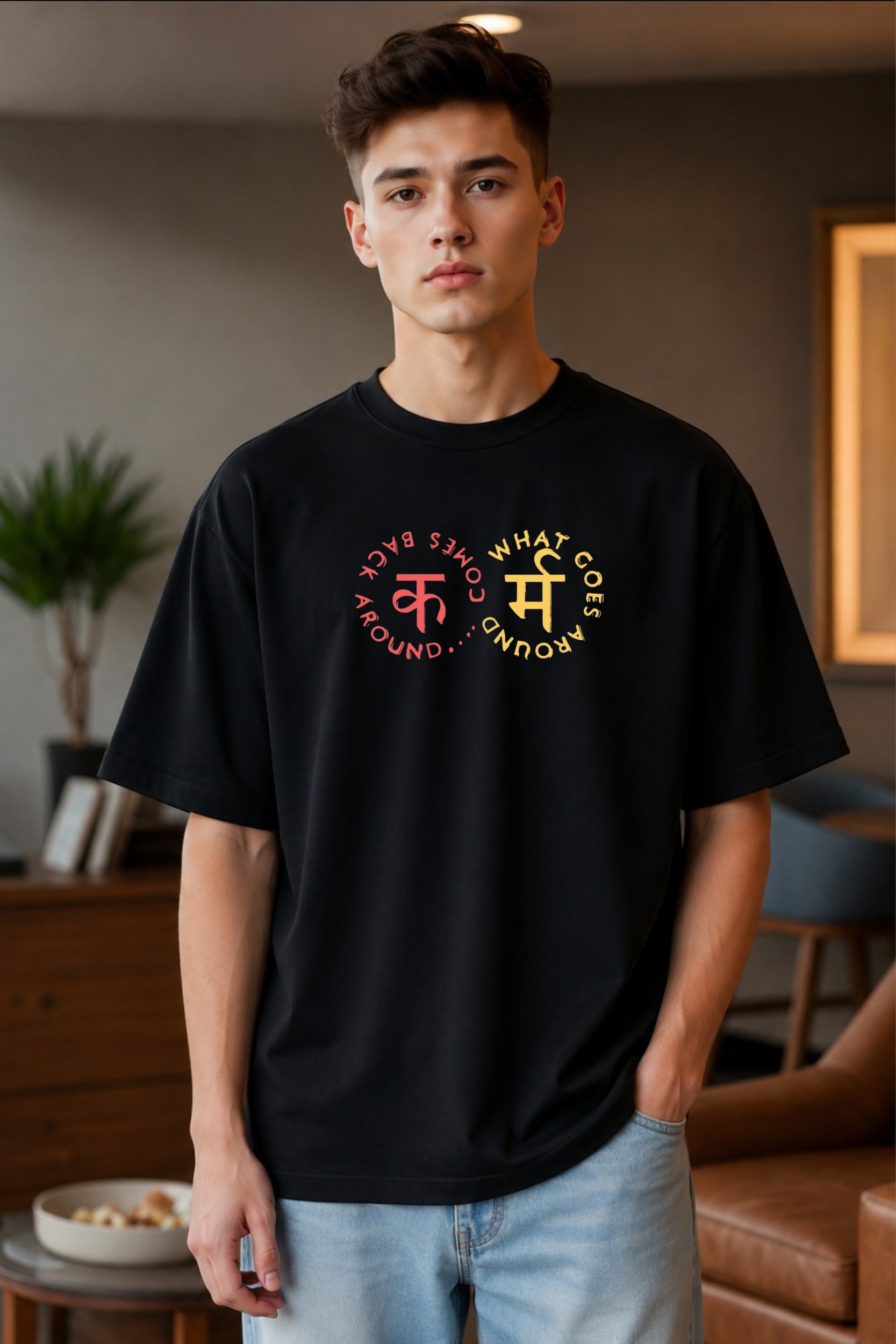 🔄 "Karma" Graphic Regular T-Shirt – Black thumbnail 3