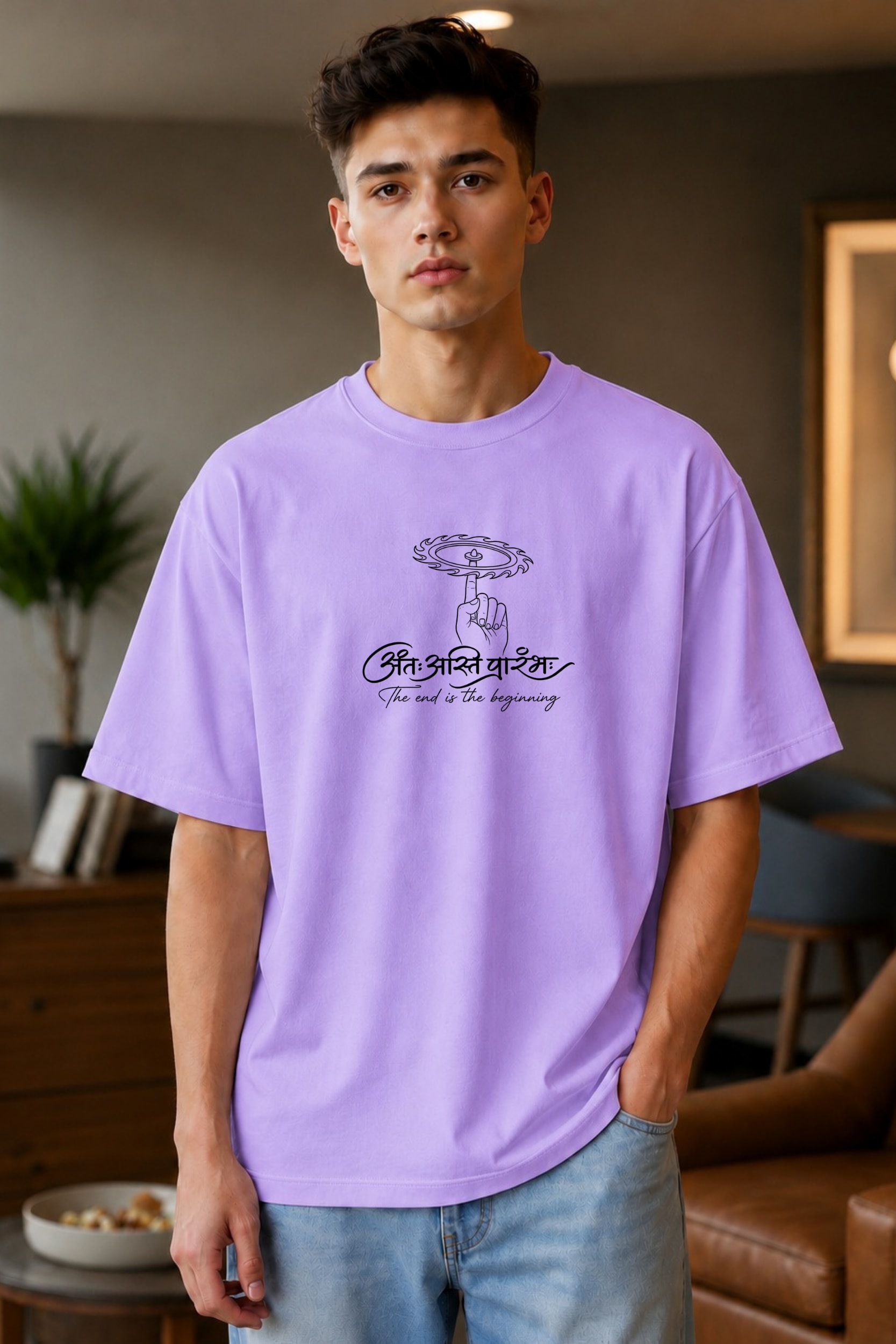 โจ Antah Asti Aarambh Oversized T-Shirt โ White & Lavender