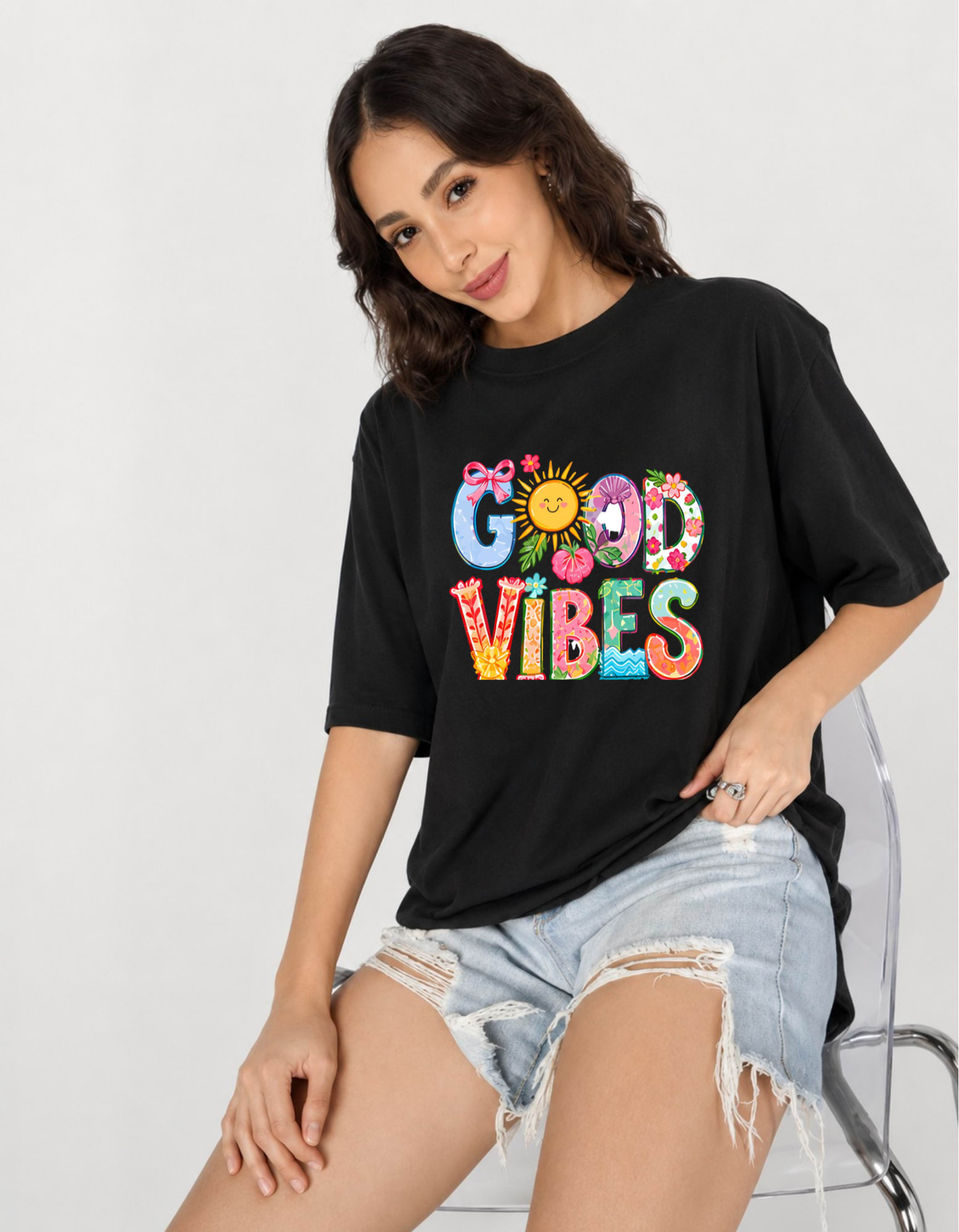 Good Vibes Oversized Graphic T-Shirt for Women
